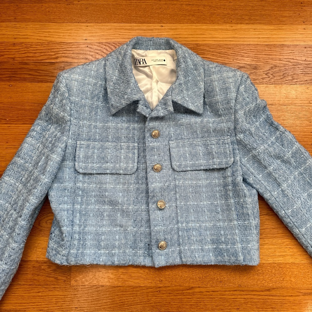 Zara tweed blue jacket with silver buttons, BRAND NEW TAGS ATTACHED, retail $120